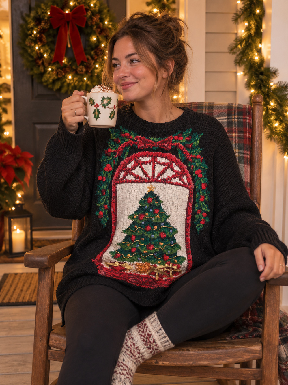 Talbots VTG Christmas Sweater Knitted By Hand Christmas Tree Size Lrge Hand Knit